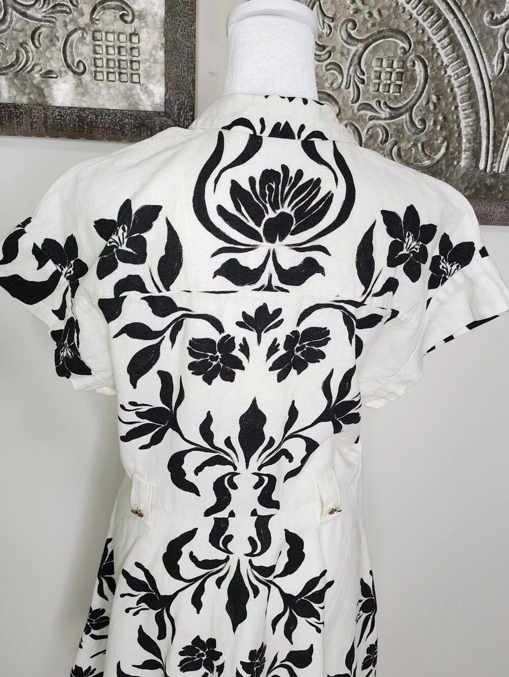 Zara Cream & Black Floral Linen Blend Button-Front Fit-and-Flare Dress Large - Picture 13 of 16